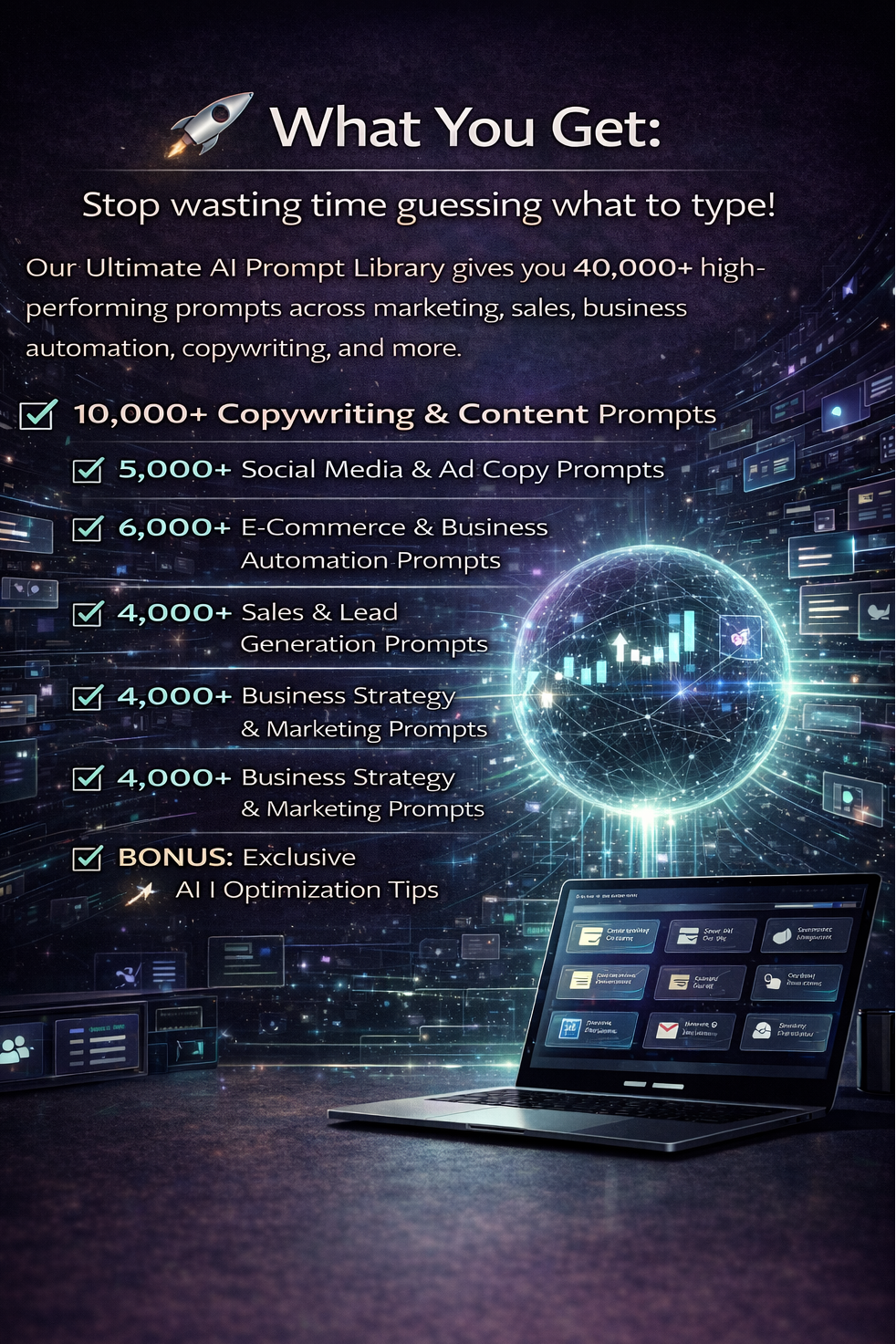 Promotional graphic for an AI Prompt Library with a laptop and digital interface on a dark background.