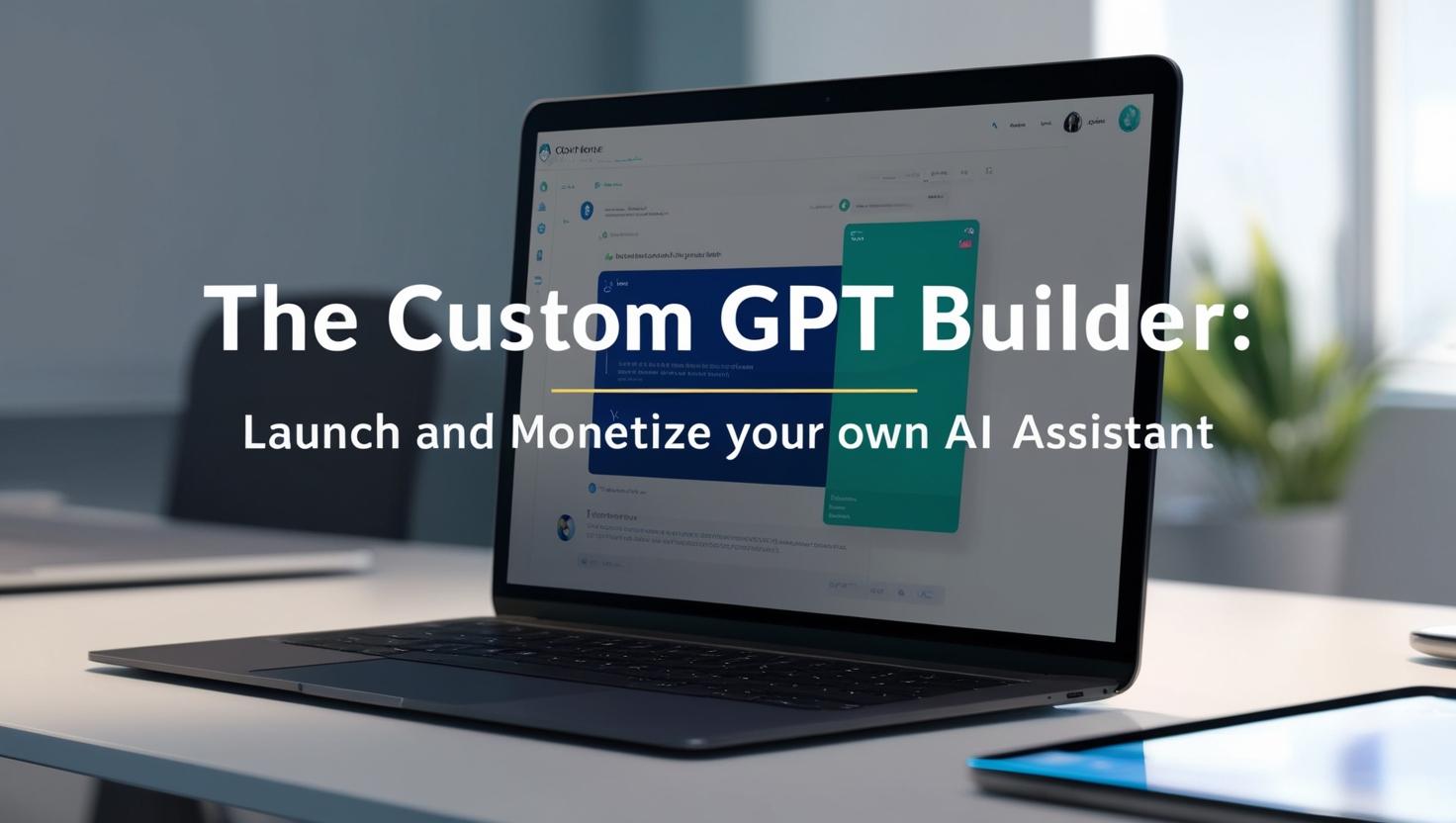 Custom GPT Builder product image featuring a laptop with AI assistant interface, representing no-code GPT creation, monetization tools, and templates
