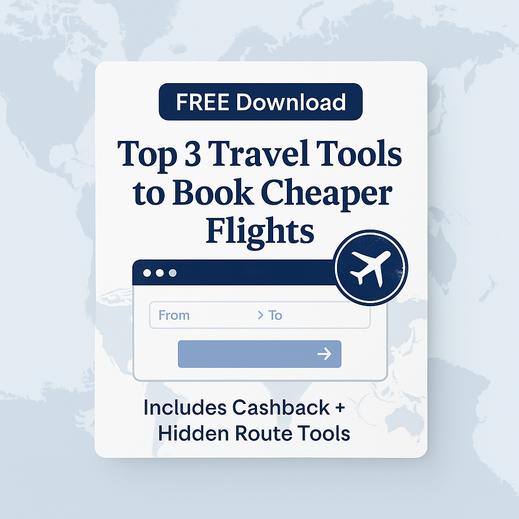 Digital graphic promoting a free downloadable travel guide titled “Top 3 Sites to Save on Flights,” featuring travel-themed visuals like a flight path, airplane icon, and bold text offering cashback and hidden fare tools.