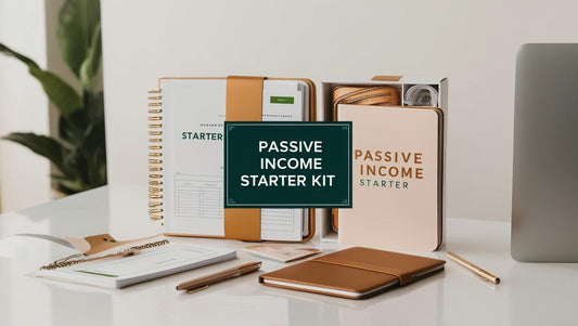 Passive Income Starter Kit digital product cover showing income categories and a tablet mockup for online download.