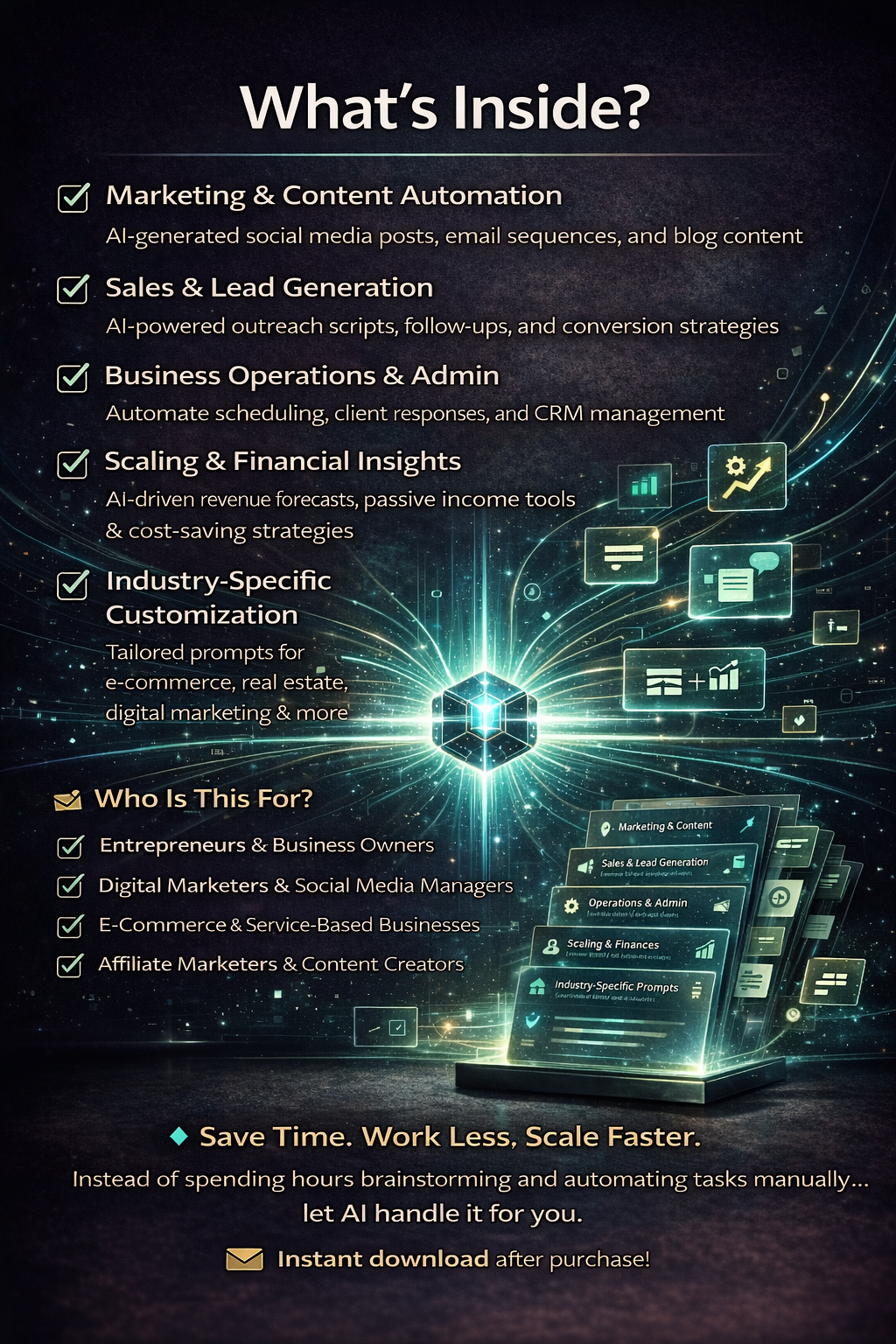 Promotional graphic detailing features of an AI tool with icons and text on a dark background.