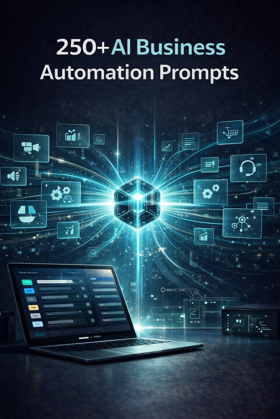 Laptop with AI business automation prompts on a dark background
