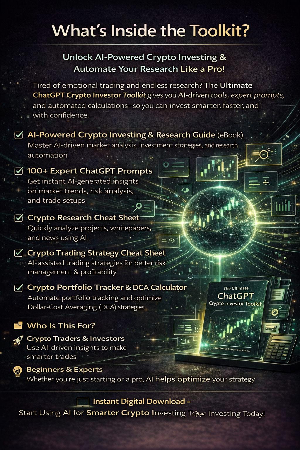 Promotional graphic for a ChatGPT Crypto Toolkit with digital tools and resources on a dark background.