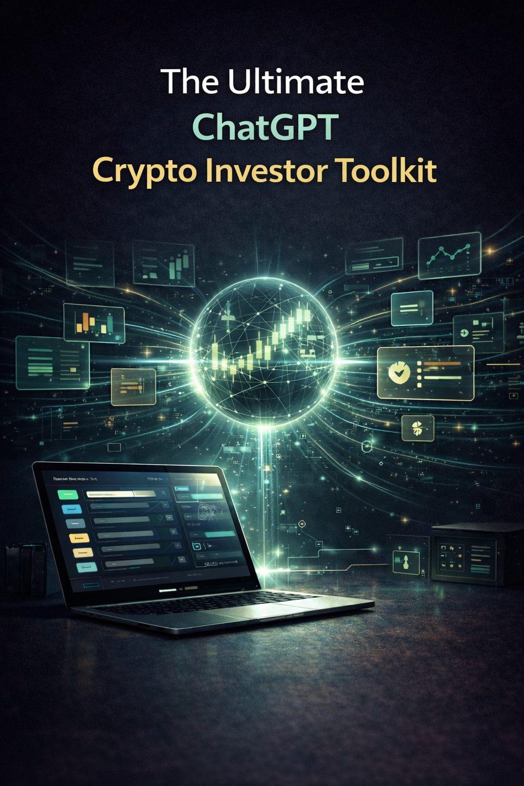 Laptop with digital interface on a dark background with 'The Ultimate ChatGPT Crypto Investor Toolkit' text.