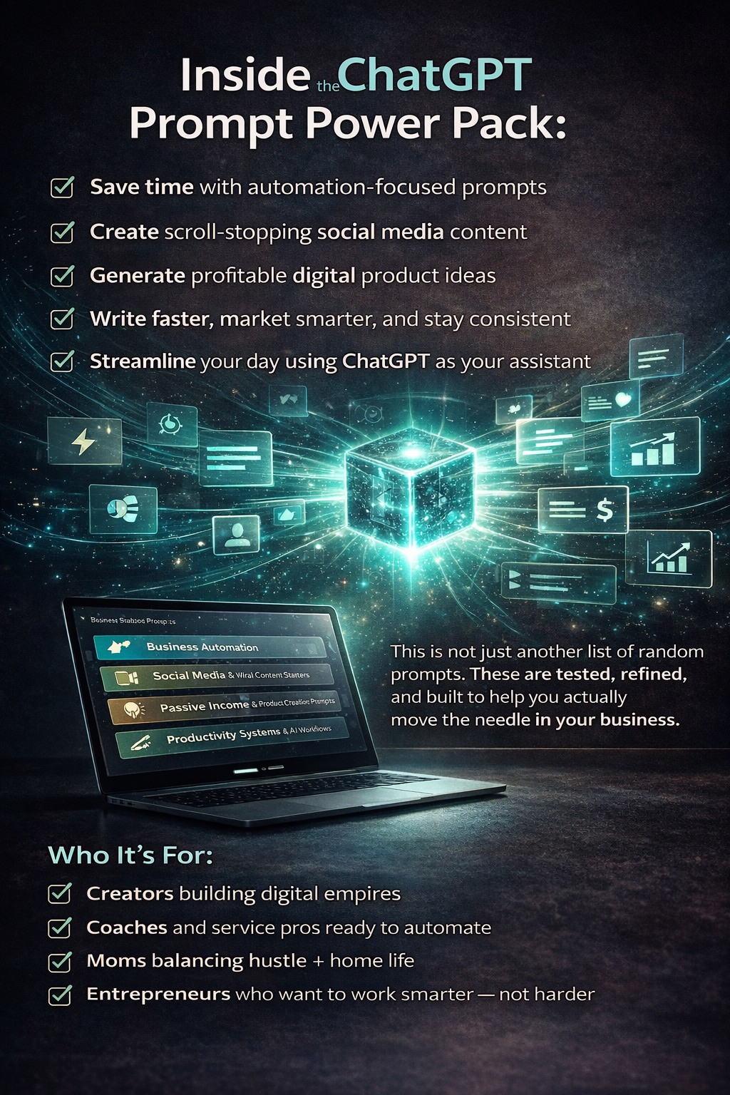 Promotional graphic for ChatGPT Prompt Power Pack with a laptop and digital elements on a dark background.