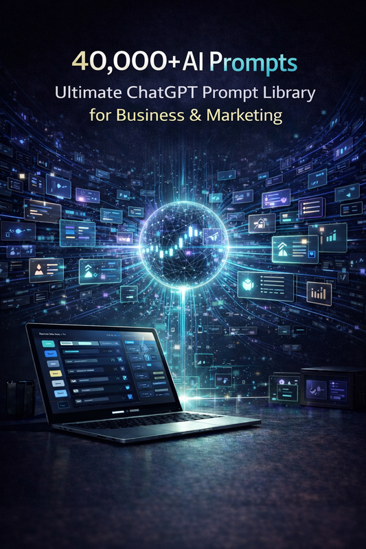 Laptop with digital interface on a dark background with text about AI prompts and ChatGPT.