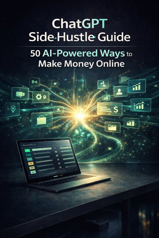 Laptop on a desk with digital icons and 'ChatGPT Side Hustle Guide' text