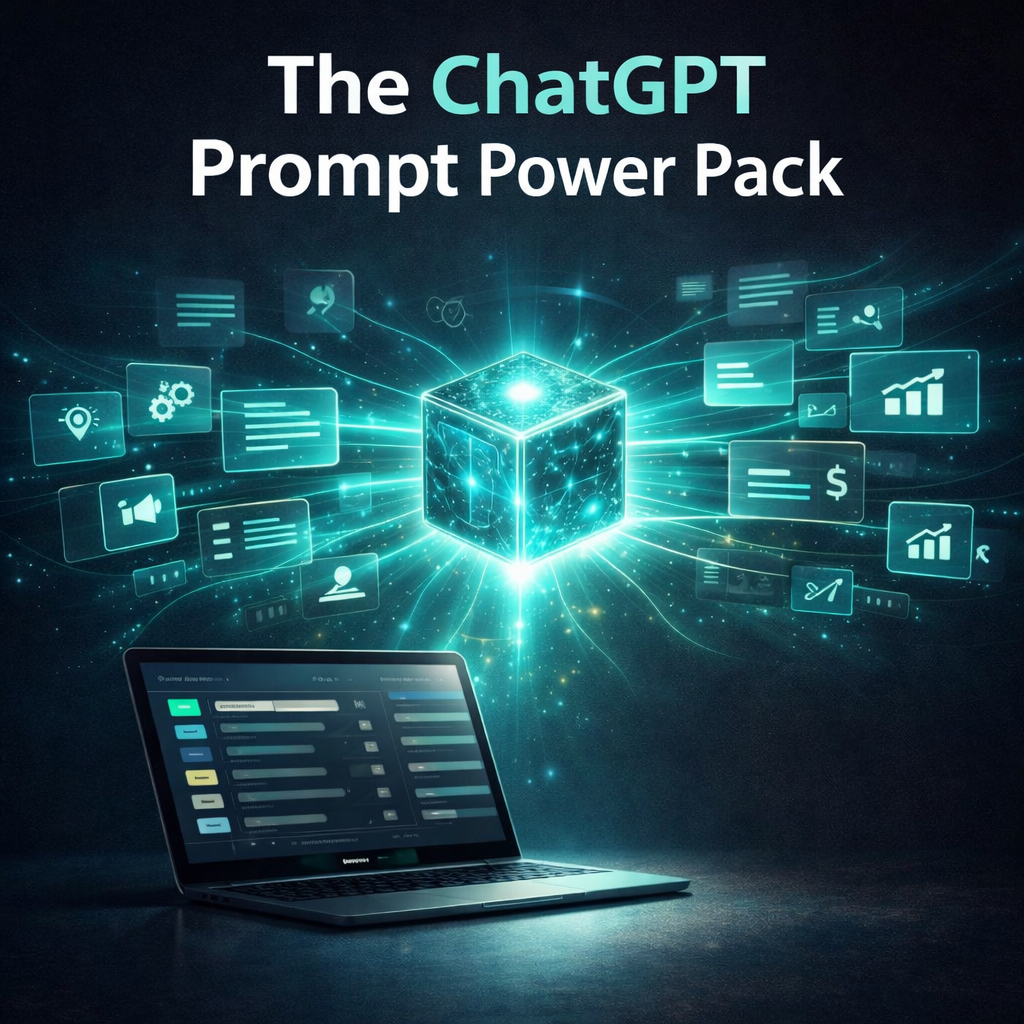 Laptop with glowing cube and icons on a dark background, featuring 'The ChatGPT Prompt Power Pack' text.