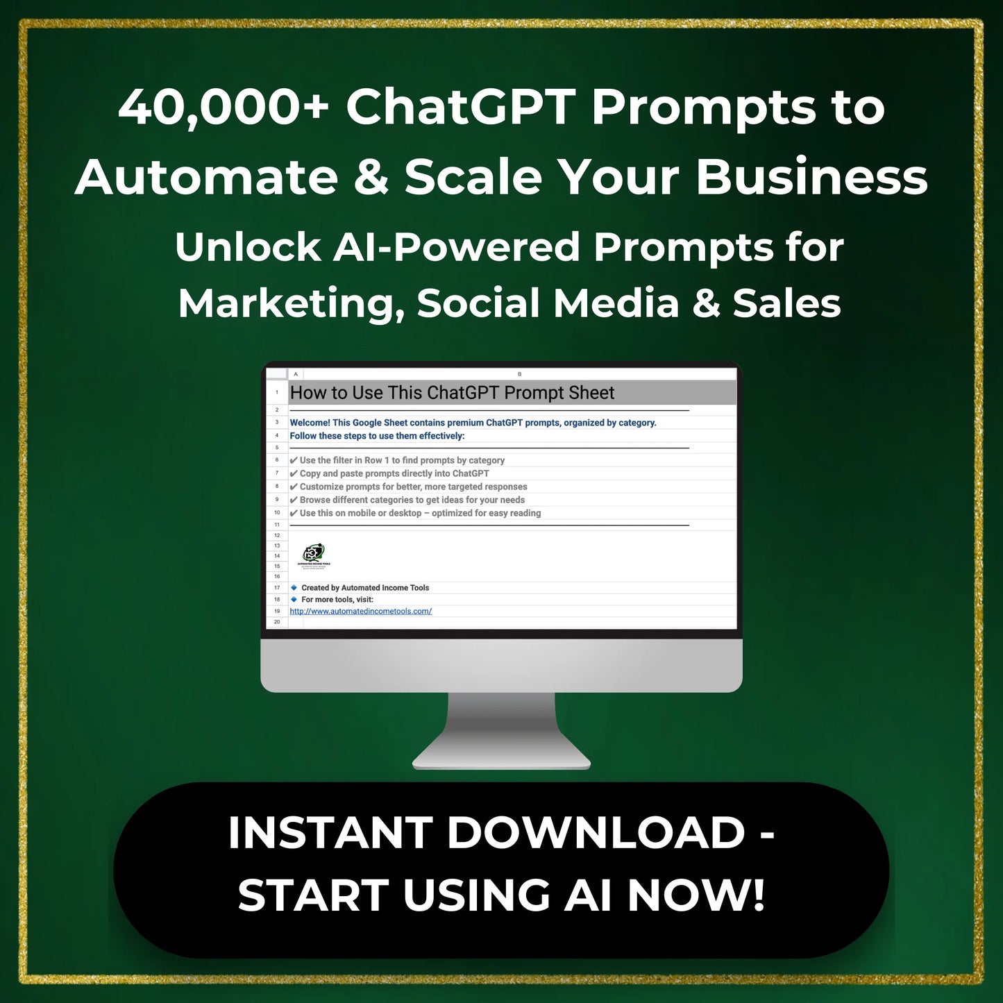 40,000+ ChatGPT Prompts for AI Content, Business Automation & Marketing. Perfect for Entrepreneurs, Freelancers & Social Media Creators.